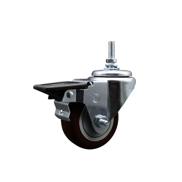 Service Caster 3 Inch Maroon Polyurethane 38 Inch Threaded Stem Caster with Brake SCC-TS20S314-PPUB-MRN-PLB-381615 - main